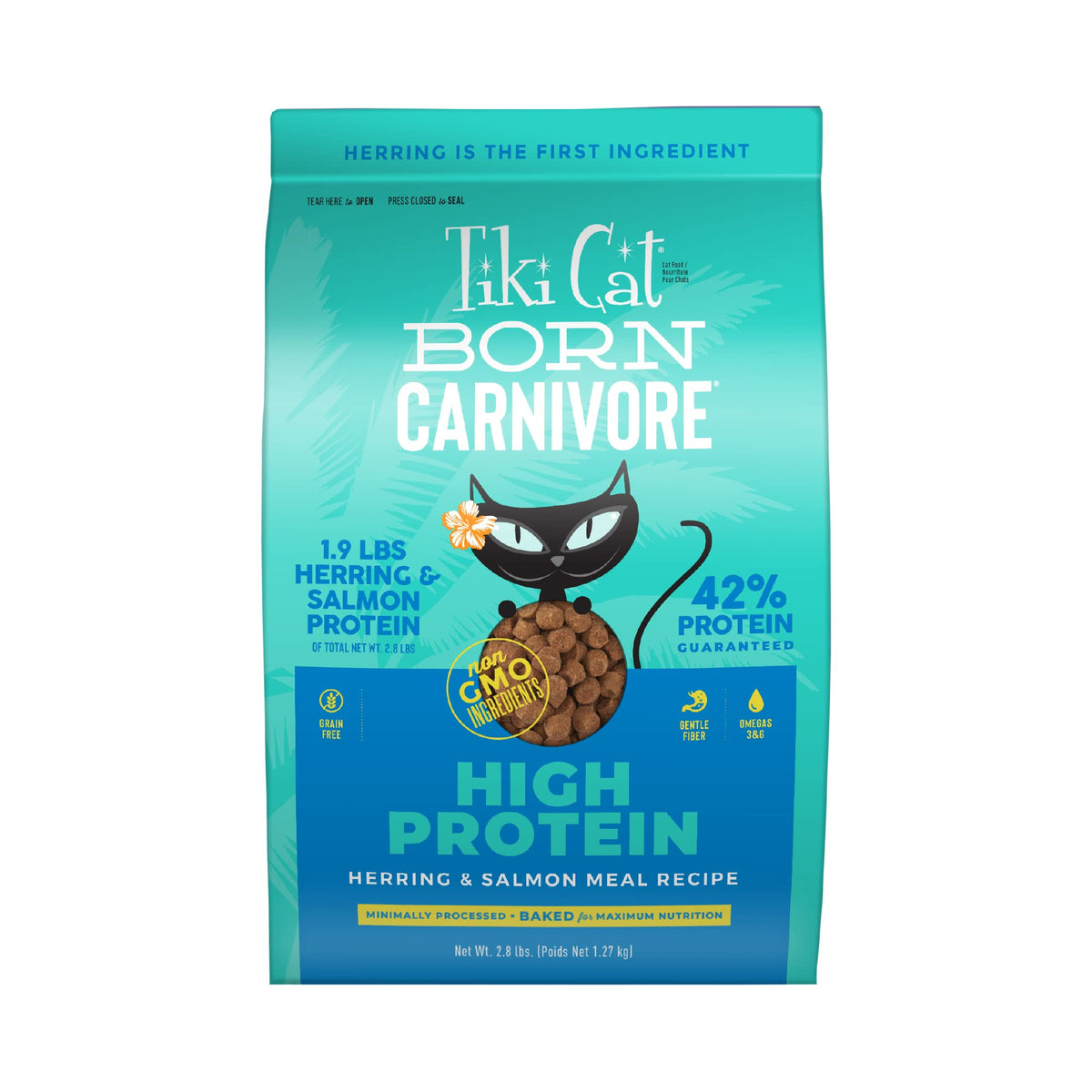 Tiki Cat Born Carnivore bag featuring herring and salmon meal for high-protein meals.
