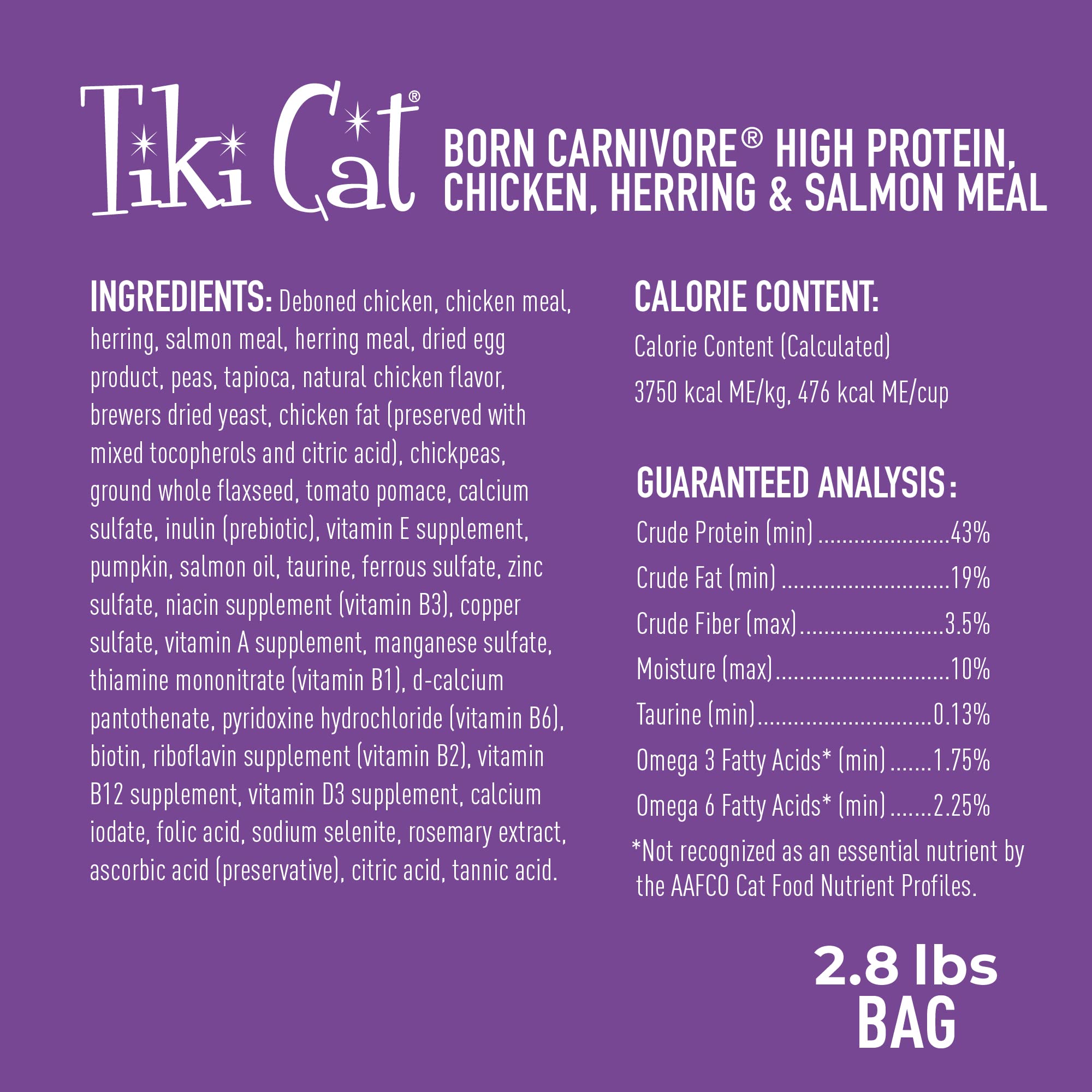 Tiki Cat Born Carnivore herring-salmon meal bag highlights premium fish protein.