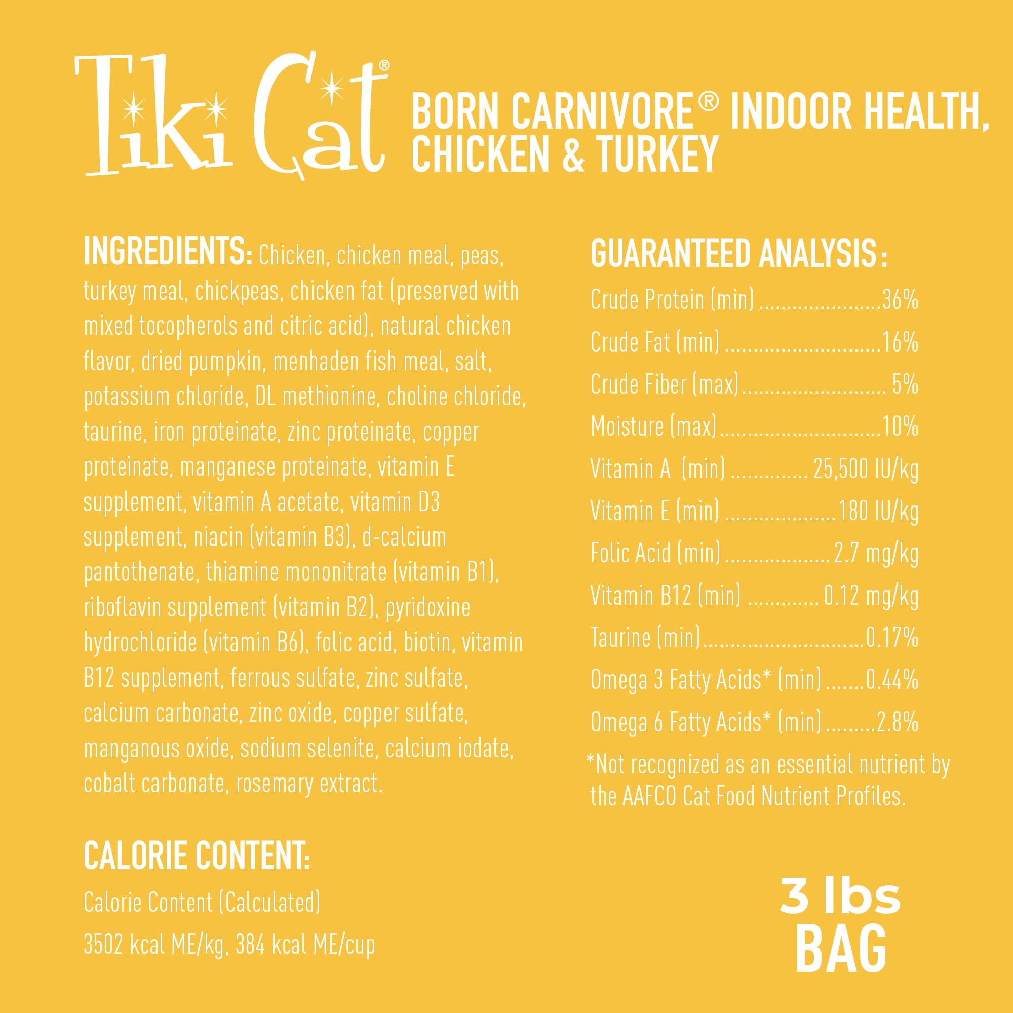 TIKI CAT Born Carnivore Indoor Health 36% protein guarantee shown on packaging