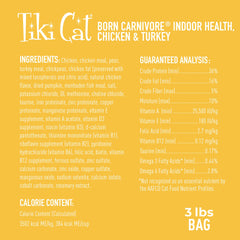 TIKI CAT Born Carnivore Indoor Health 36% protein guarantee shown on packaging
