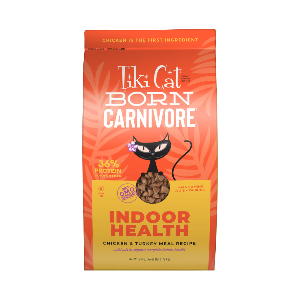 Tiki Cat Born Carnivore Indoor Health bag front showing high-protein indoor cat formula