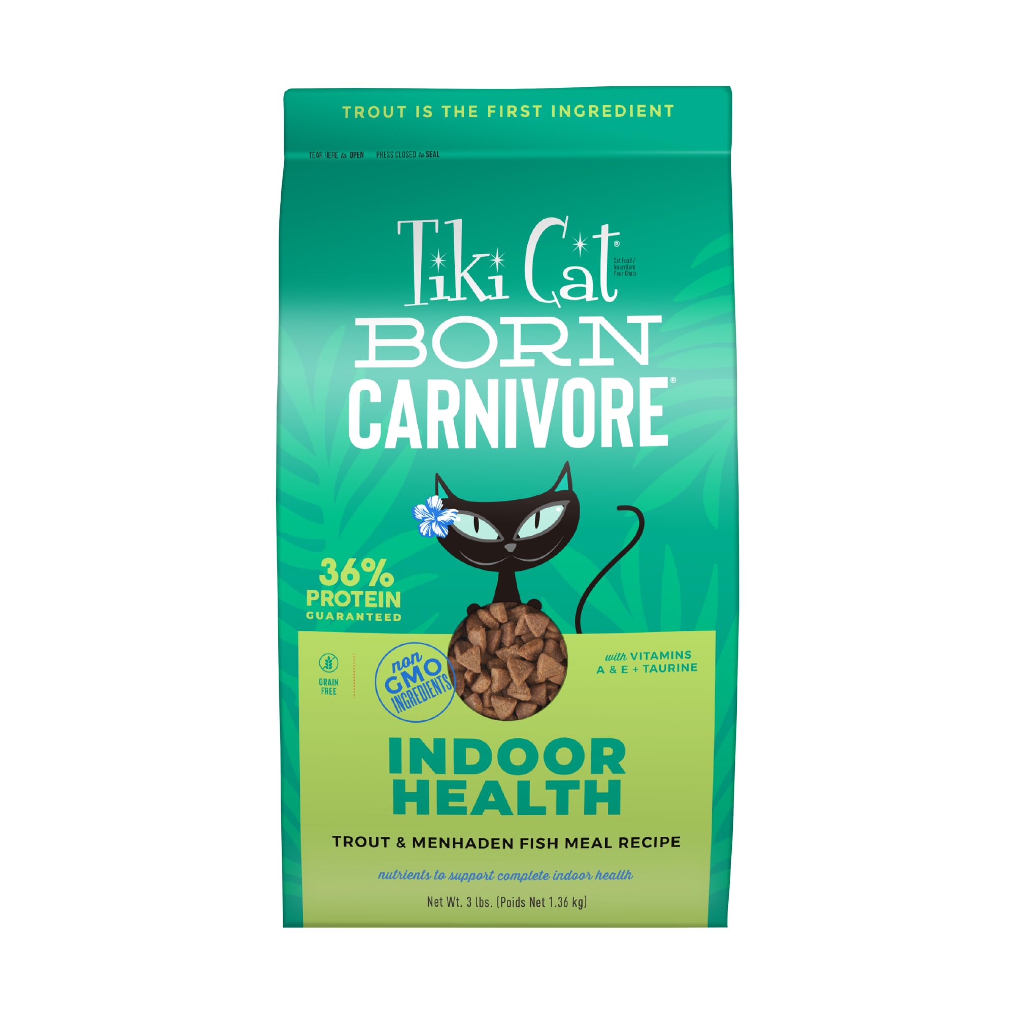 Tiki Cat Born Carnivore Indoor Health with trout-first ingredient