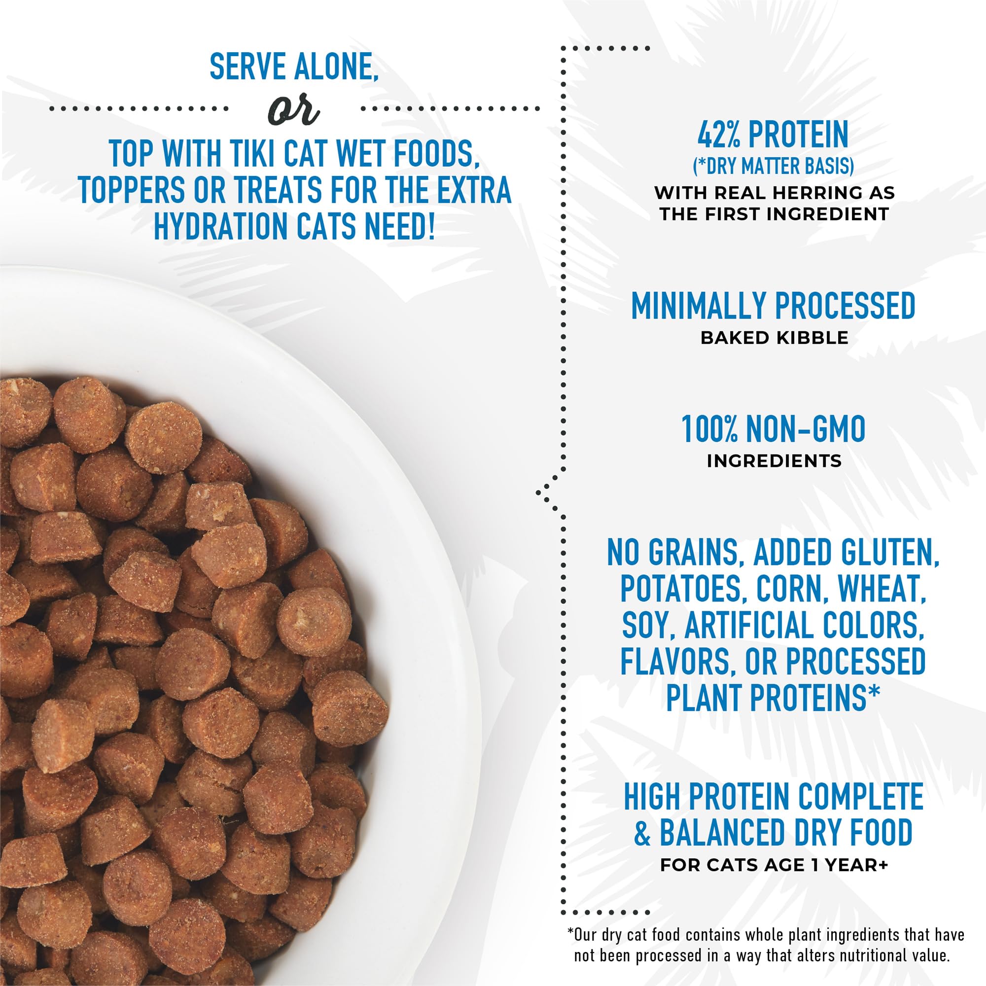 Grain-free recipe image points to non-GMO ingredients for adult cats