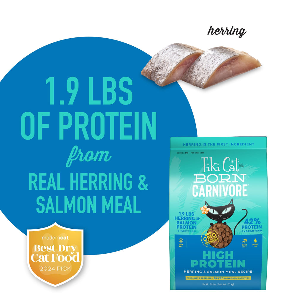 Tiki Cat Born Carnivore nutrition label closeup communicates non-GMO ingredients.