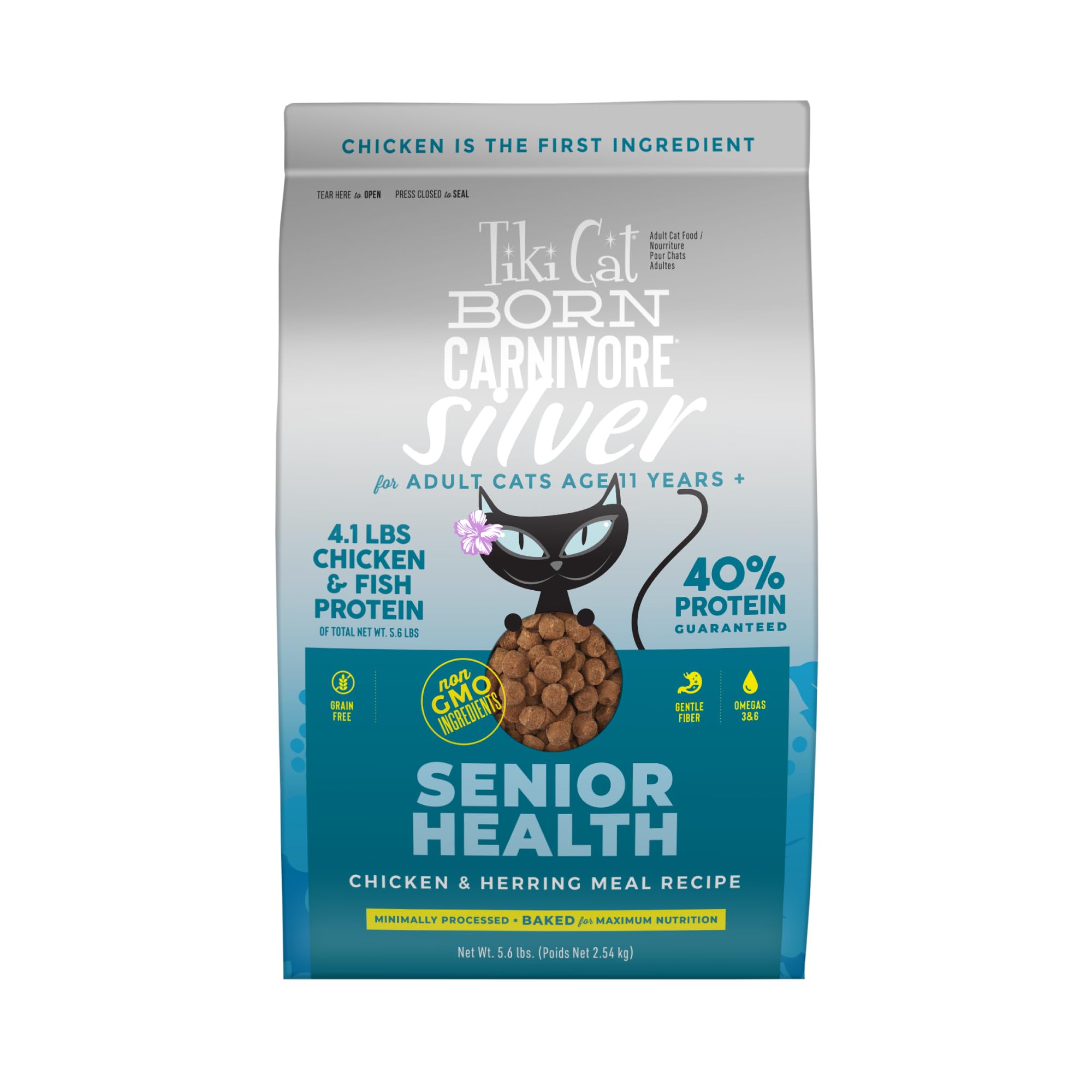 Tiki Cat Born Carnivore Silver Senior Health dry food shown in a bowl for senior cats