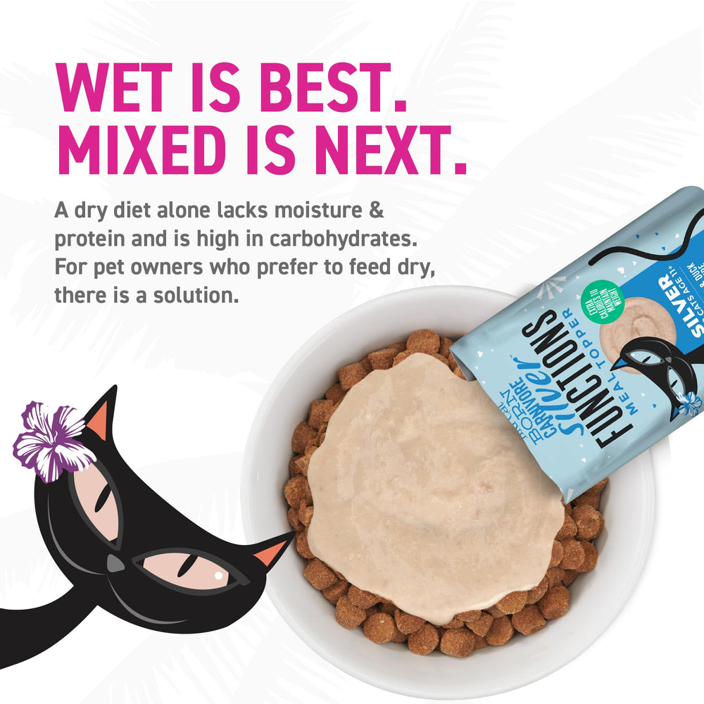 Tiki Cat Born Carnivore Silver Senior Health serving idea with a cat enjoying mealtime