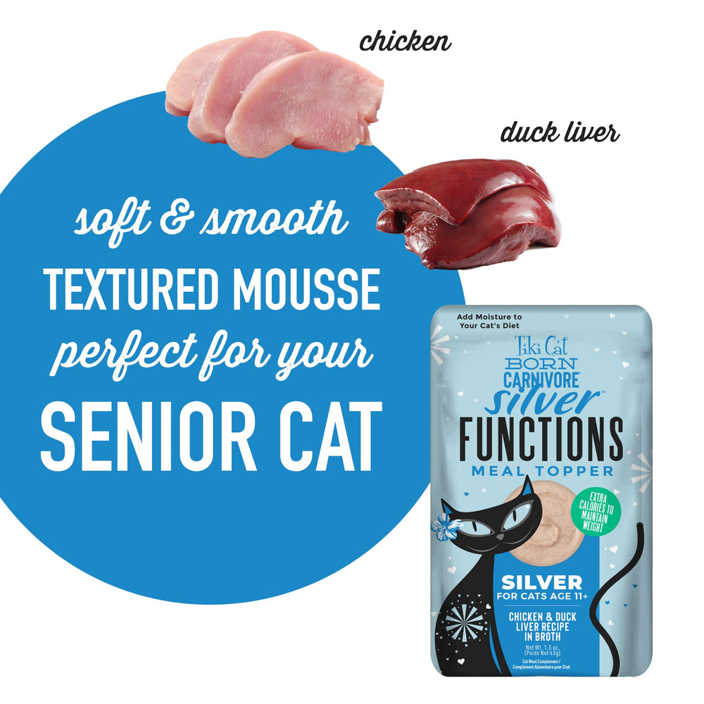 Tiki Cat Born Carnivore Silver topper offers duck liver aroma to entice aging cats.