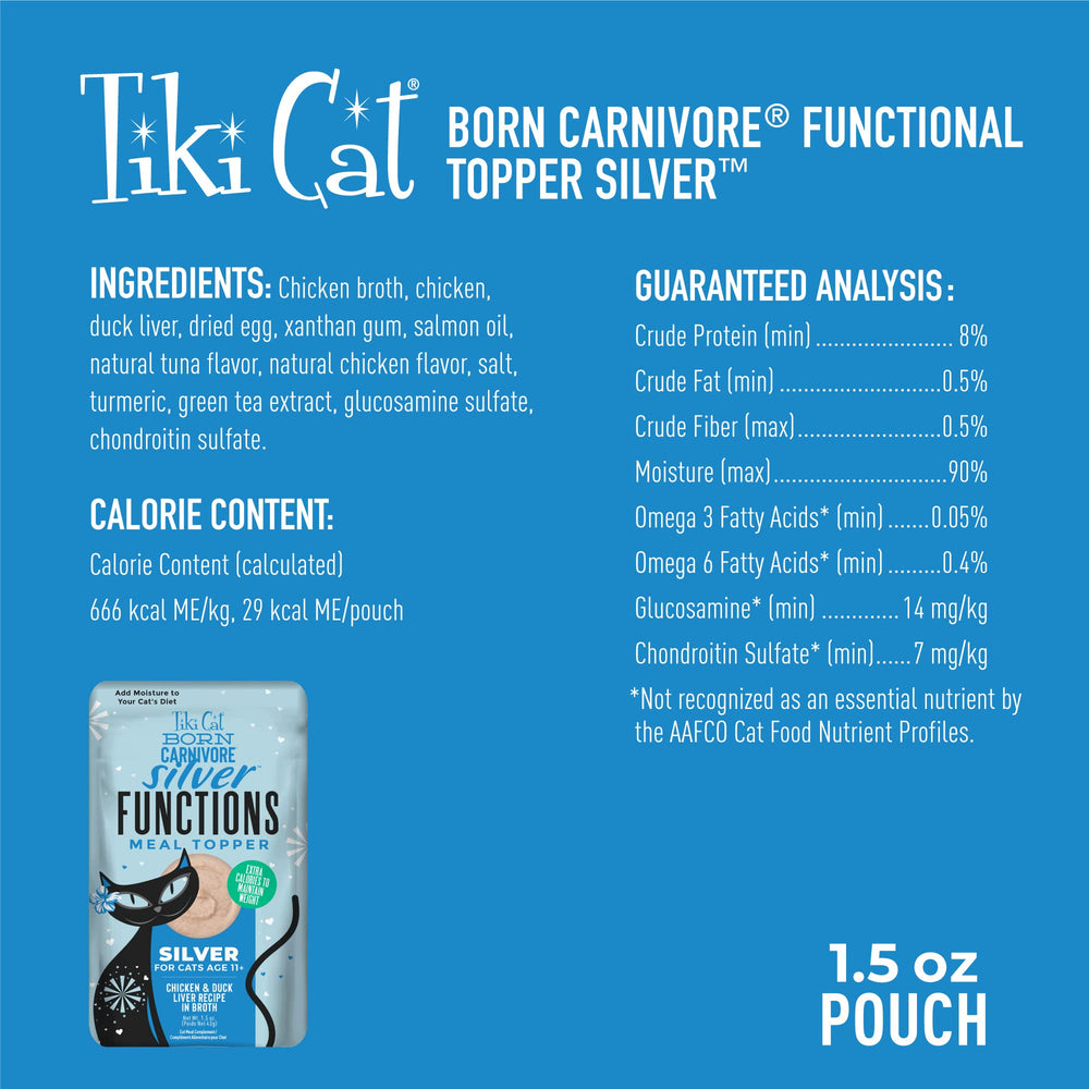 Tiki Cat Born Carnivore Silver topper with glucosamine and chondroitin supports senior joints.