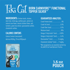 Tiki Cat Born Carnivore Silver topper with glucosamine and chondroitin supports senior joints.