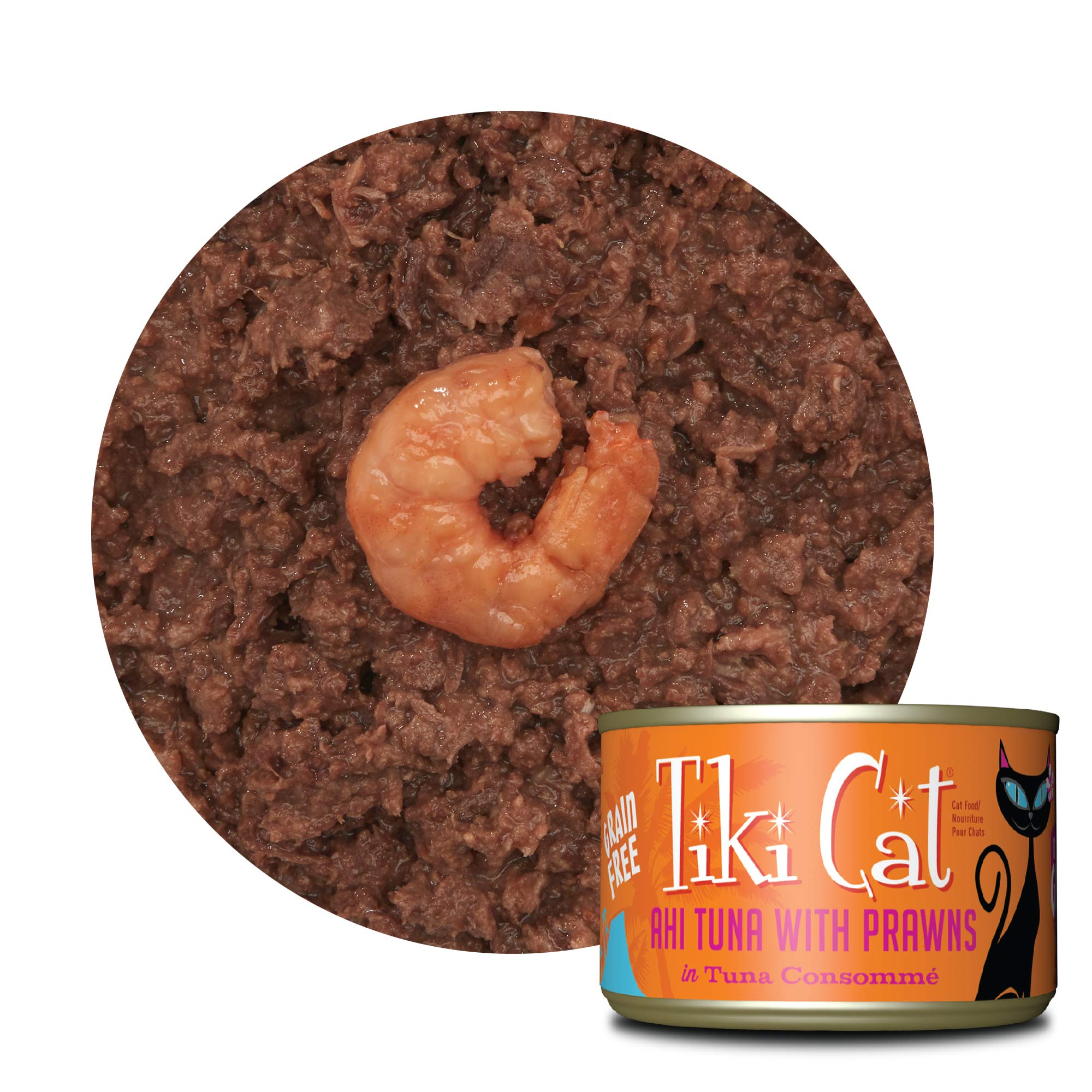 Tiki Cat Grill serving bowl with cat ready to enjoy wet food