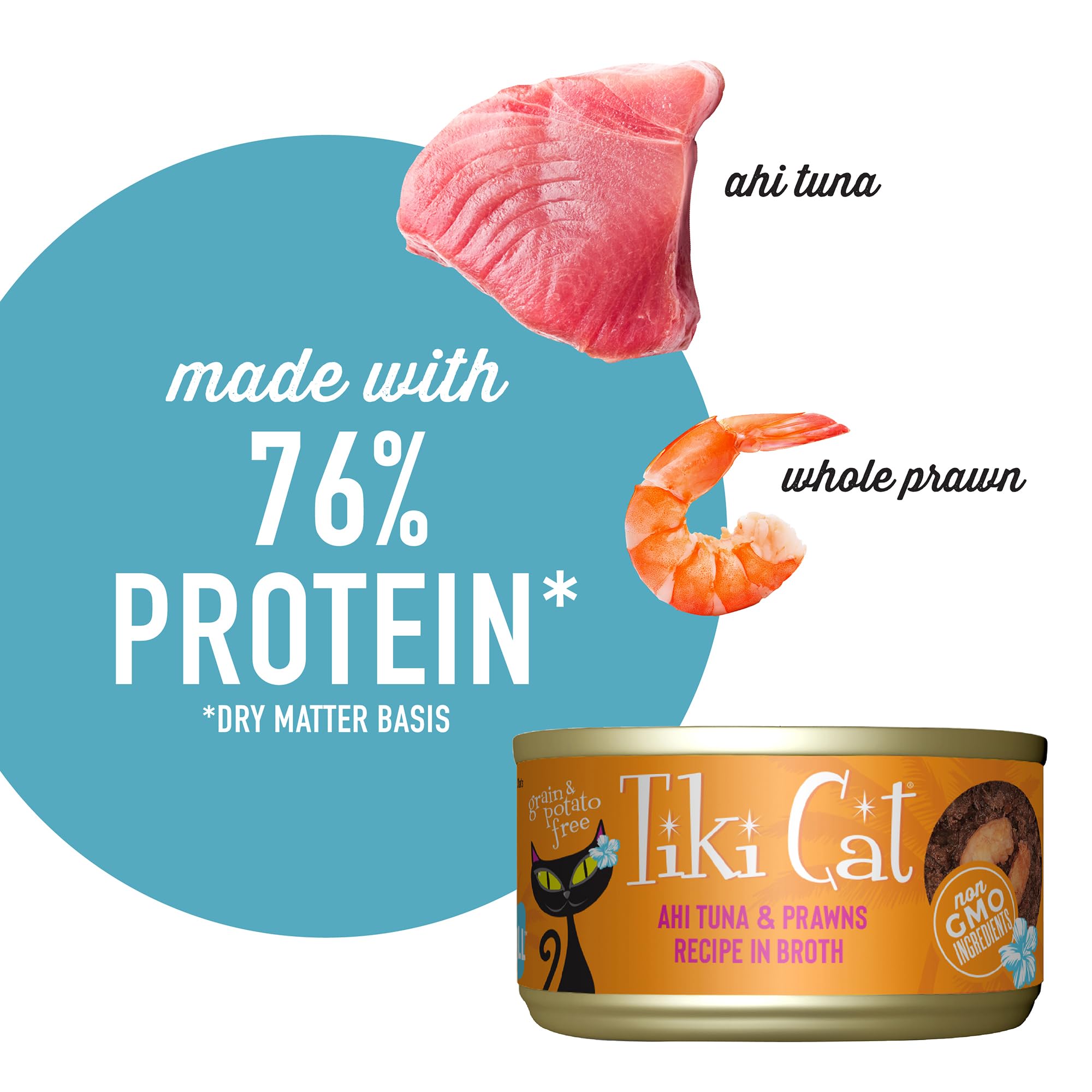 Tiki Cat Grill ingredients label highlighting grain-free, high-protein seafood