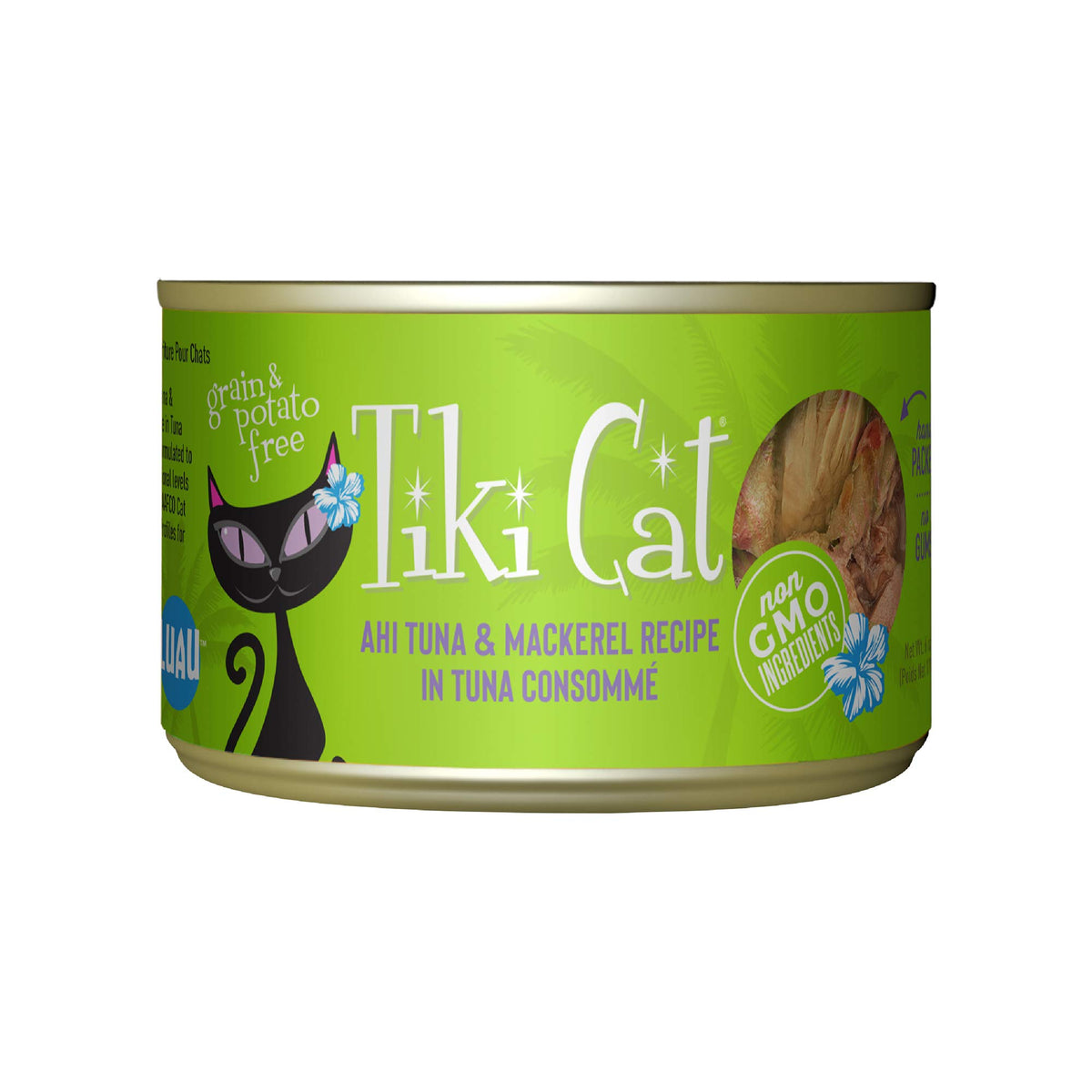 Tiki Cat Luau can label with ahi tuna and mackerel, protein-rich for all life stages.