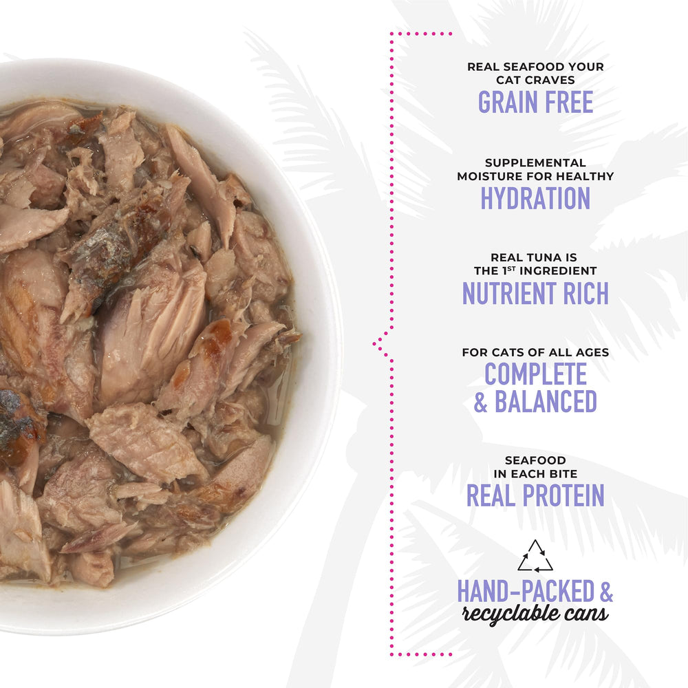 Real tuna and mackerel in Luau, protein-forward.