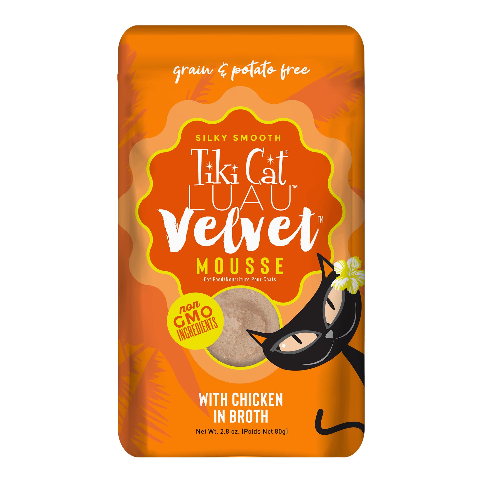 Tiki Cat Luau Velvet Mousse chicken in broth pouch front with high-protein, grain-free nutrition