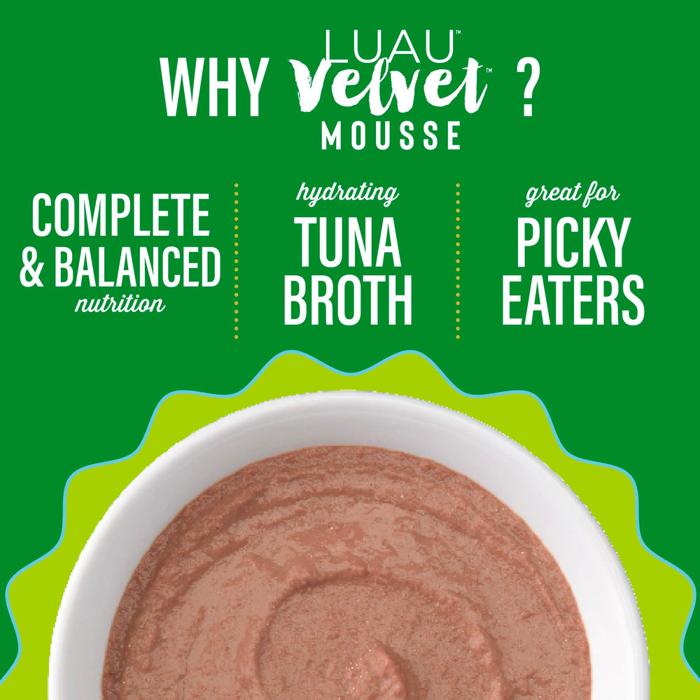 Tiki Cat Luau Velvet Mousse grain-free formula supports carnivore-inspired nutrition.