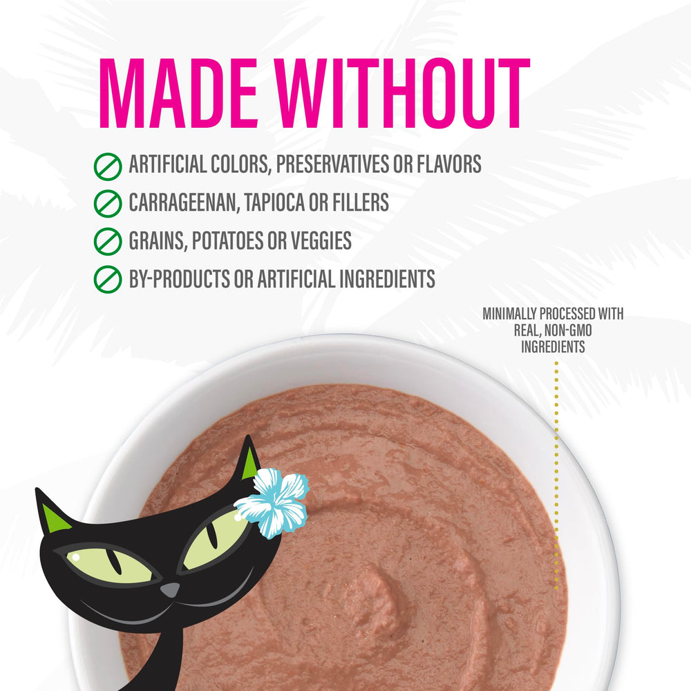 Tiki Cat Luau Velvet Mousse 12-pack package front communicates complete nutrition.