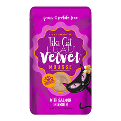 Tiki Cat Luau Velvet Mousse pouch front shows brand and nutrition features