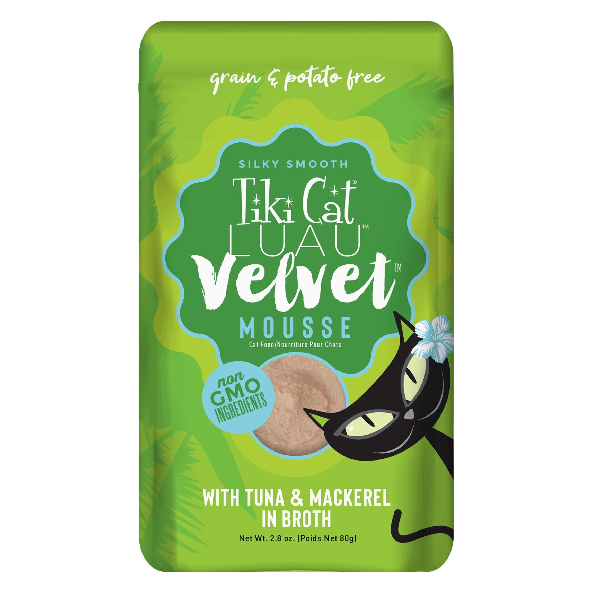 Tiki Cat Luau Velvet Mousse pouch showcases high-protein, grain-free nutrition for all life stages.