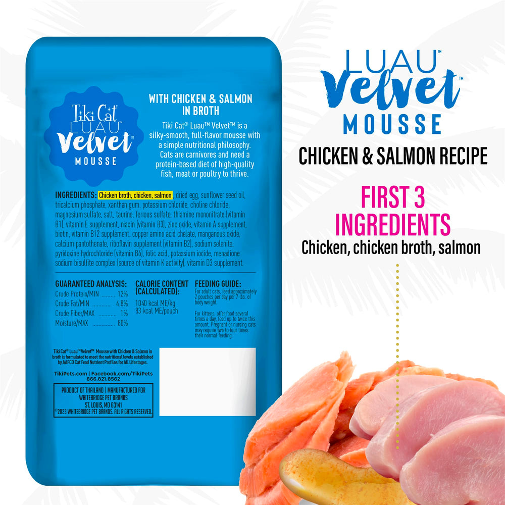 Serving pouch of Tiki Cat Luau Velvet Mousse ready to open