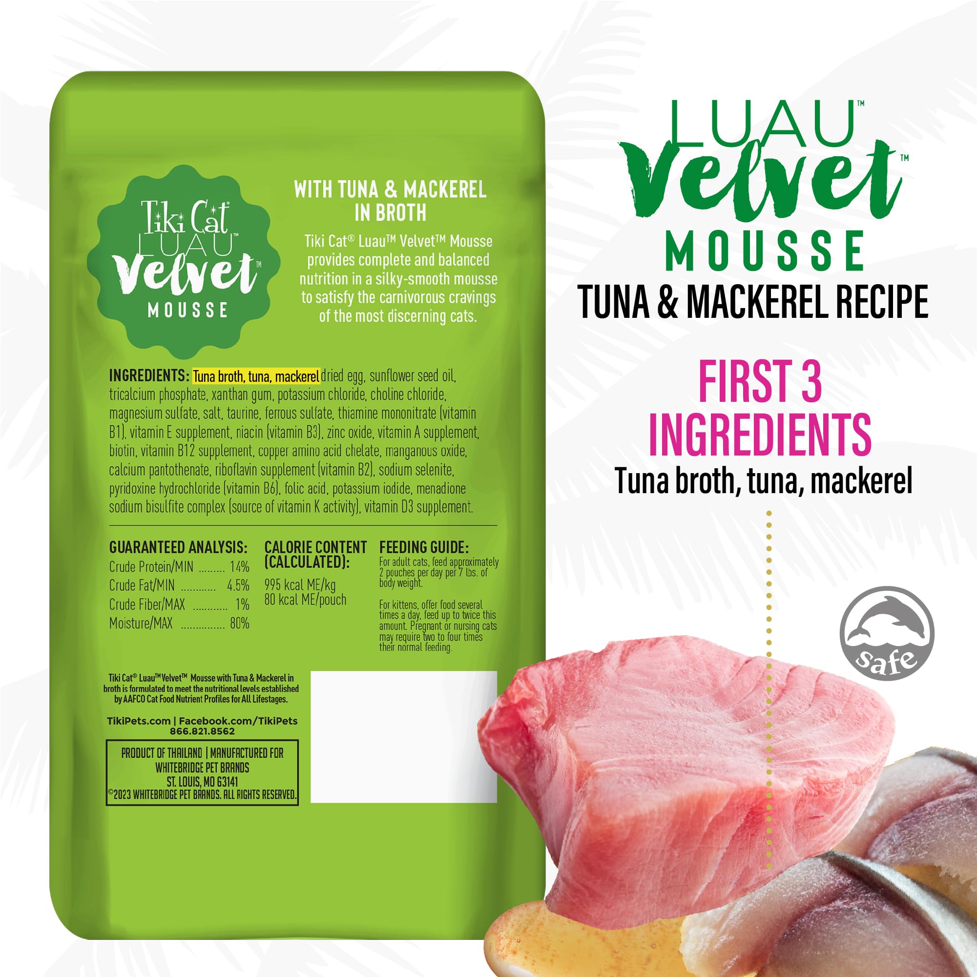 Tiki Cat Luau Velvet Mousse tuna-mackerel in broth image emphasizes real seafood first ingredients.