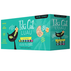 Tiki Cat Luau wet cat food cans showcase grain-free, protein-rich nutrition in a savory meal.
