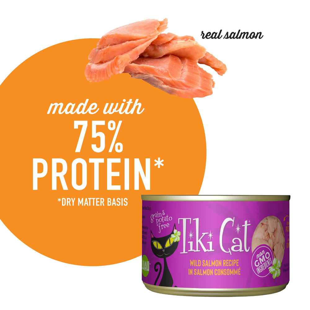 Real salmon first ingredient emphasizes protein-forward nutrition from Tiki Cat Luau.