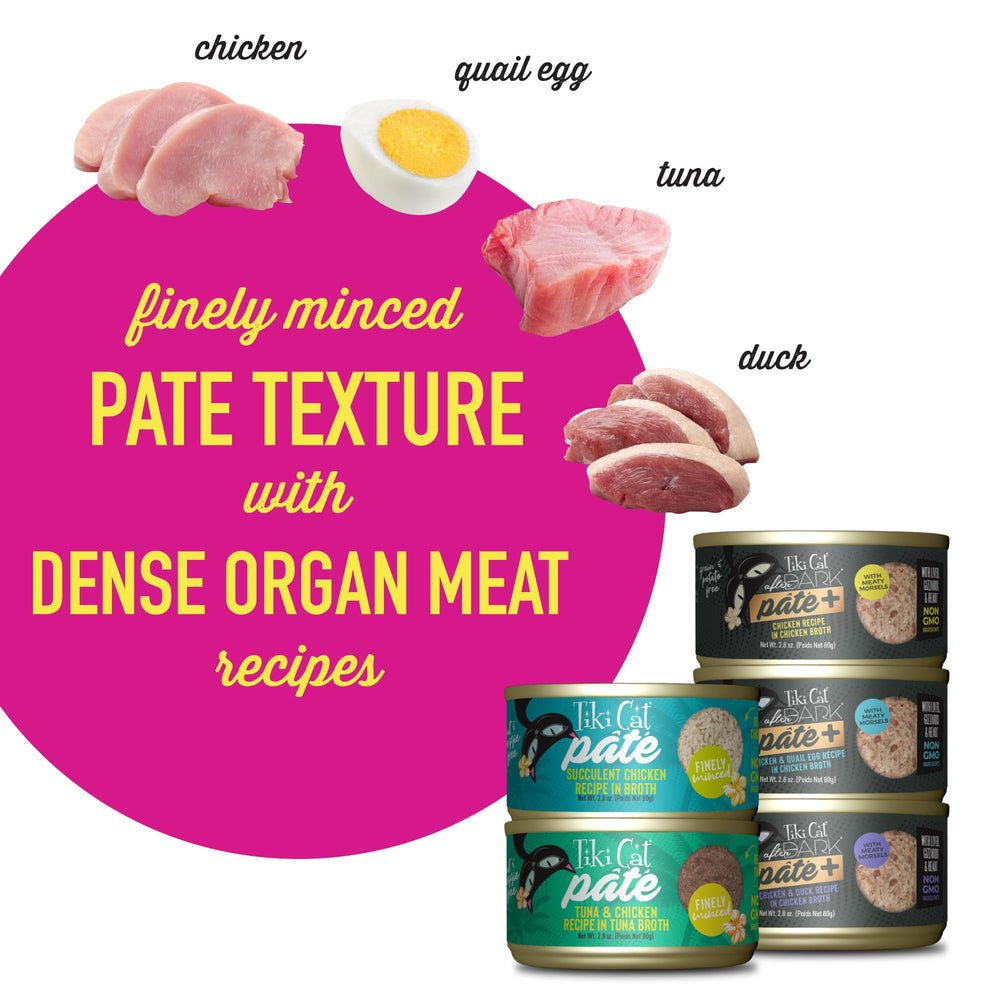 Luau pâté chicken tuna plated beside a cat-friendly bowl