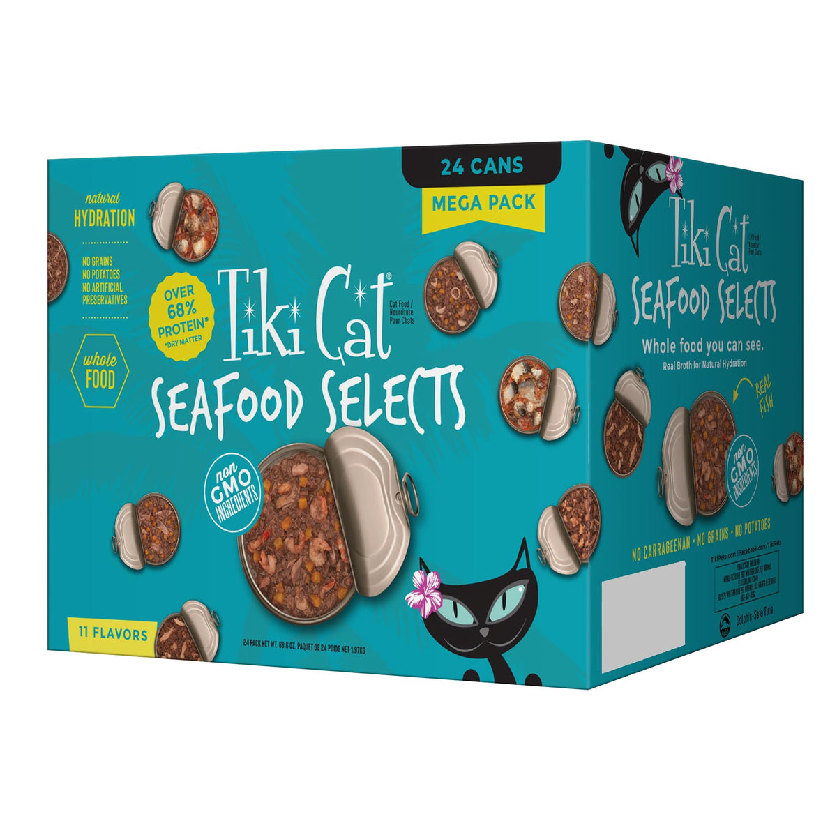 Tiki Cat Mega Pack seafood selects cans show real fish as the first ingredient.