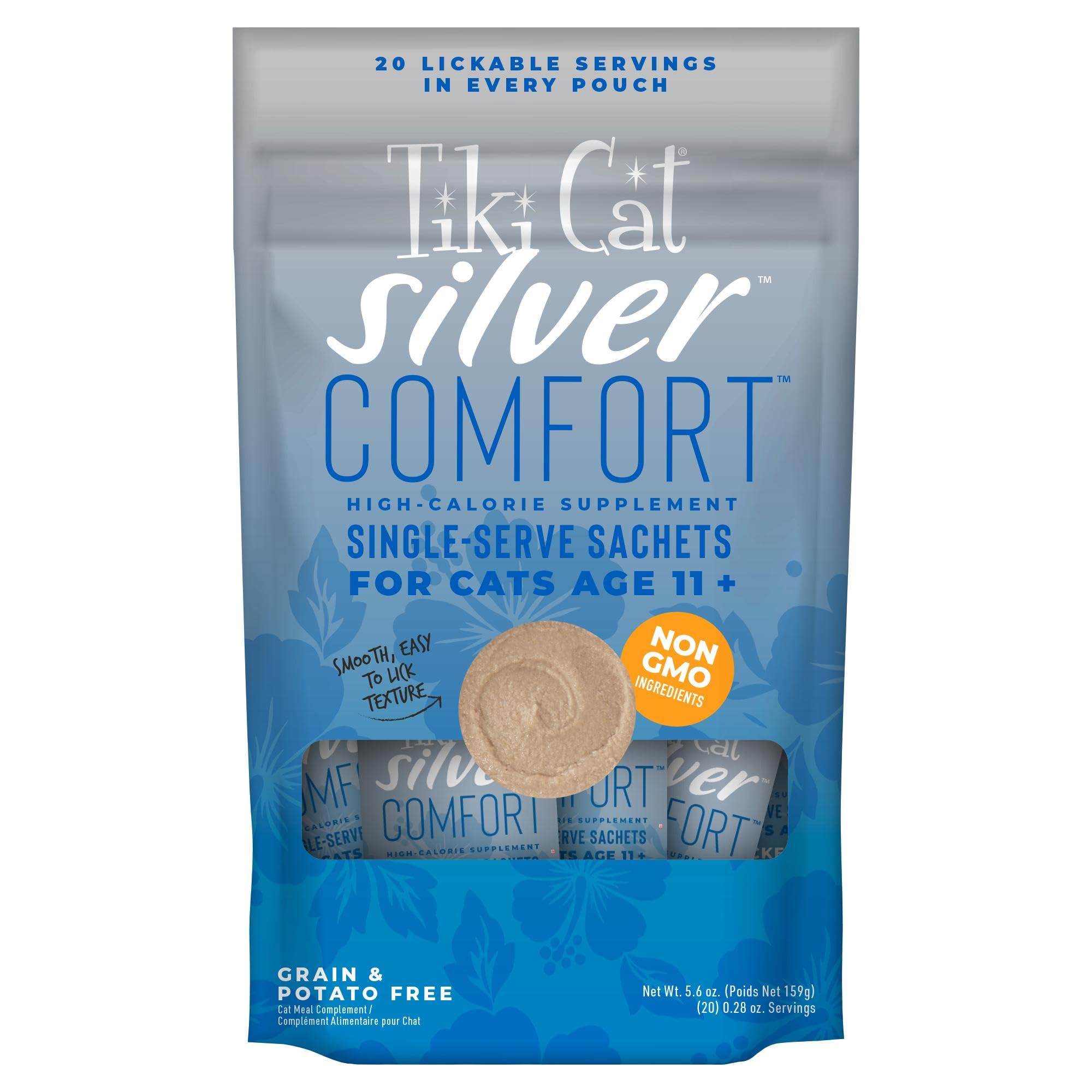 Tiki Cat Silver Comfort Mousse chicken liver 5.6 oz pouch offering senior cat nutrition.