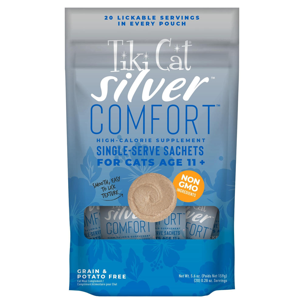 Tiki Cat Silver Comfort Mousse chicken liver 5.6 oz pouch offering senior cat nutrition.