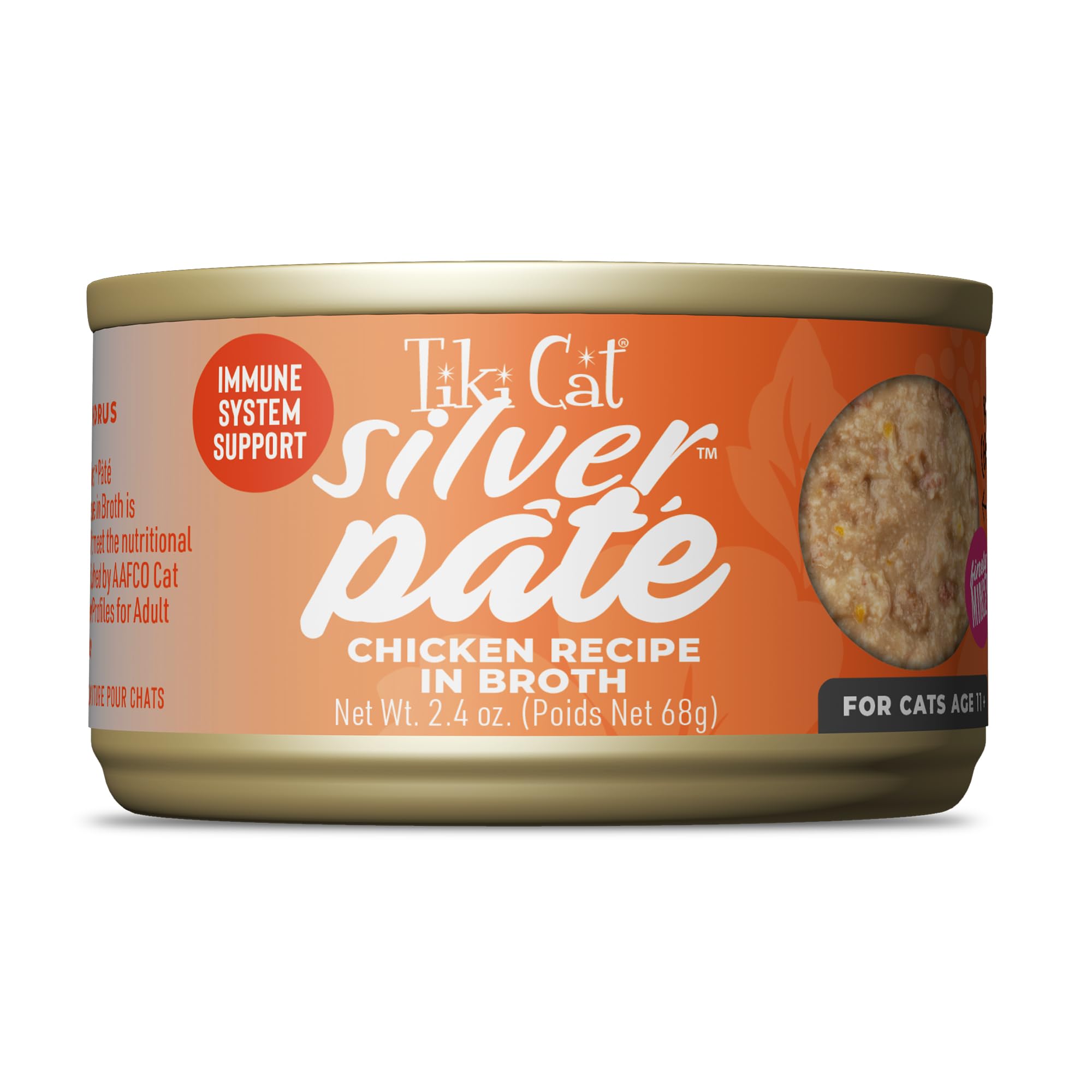 Tiki Cat Silver Pate chicken-broth closeup; easy-to-chew texture for senior cats