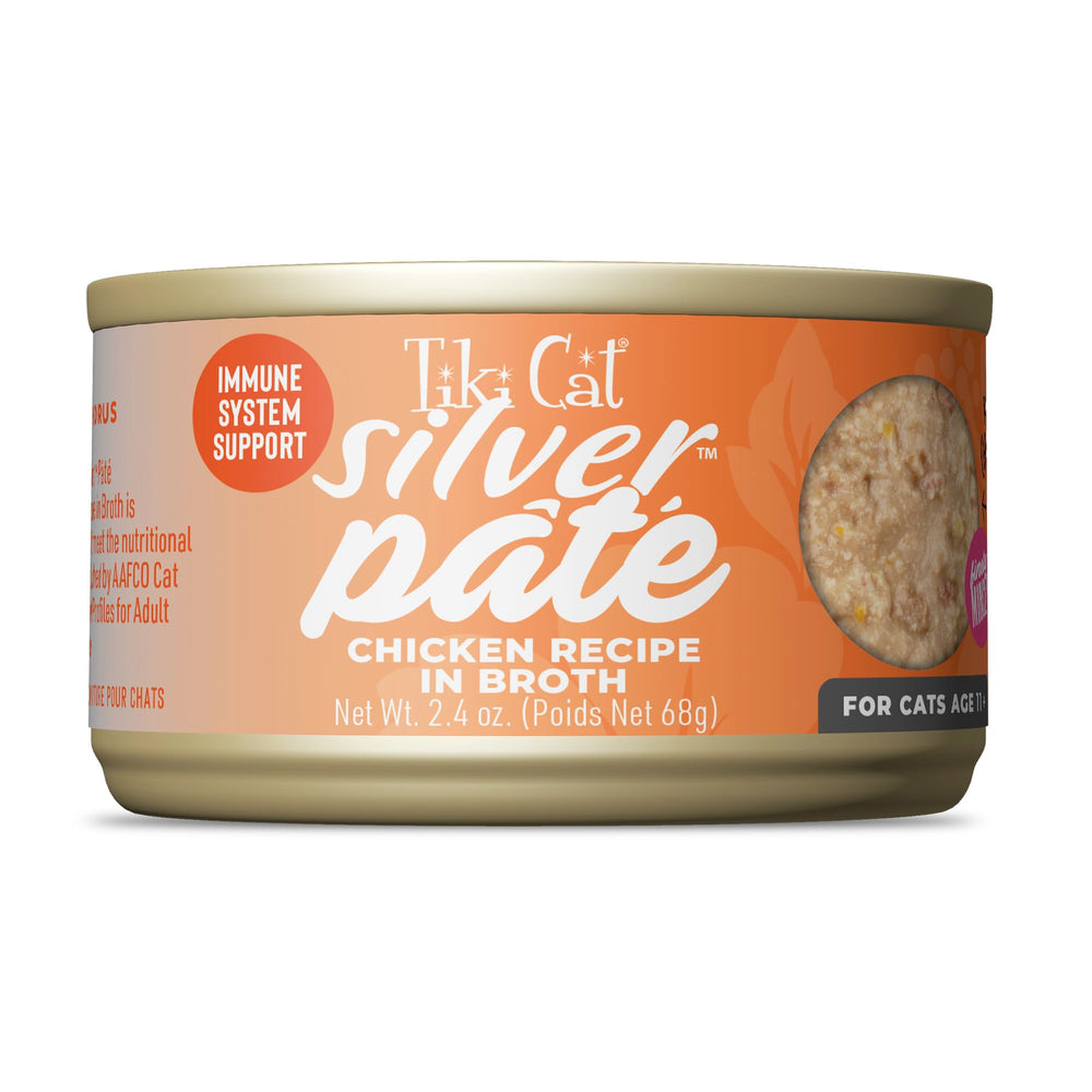 Tiki Cat Silver Pate chicken-broth closeup; easy-to-chew texture for senior cats