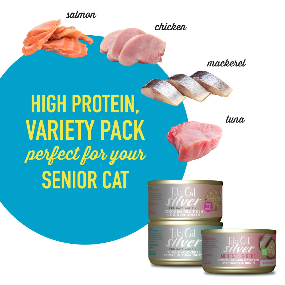 Tiki Cat Silver senior image highlights high-protein meals.