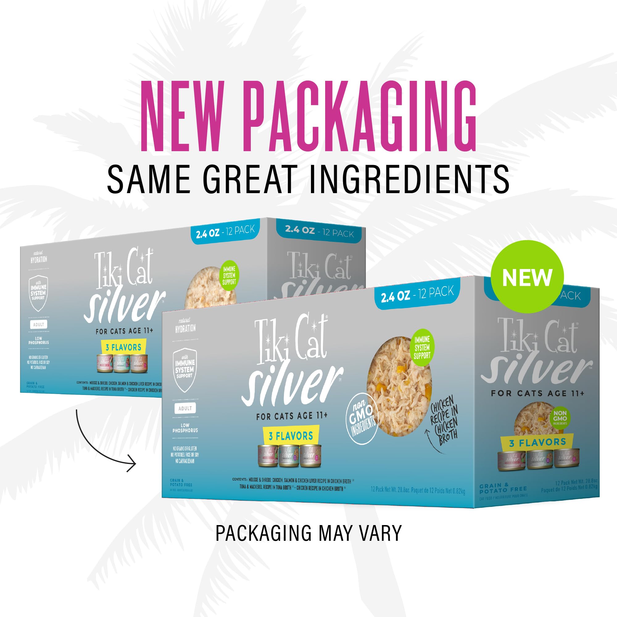 Tiki Cat Silver senior pack with salmon flaked in broth for hydration.