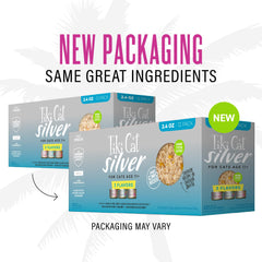 Tiki Cat Silver senior pack with salmon flaked in broth for hydration.