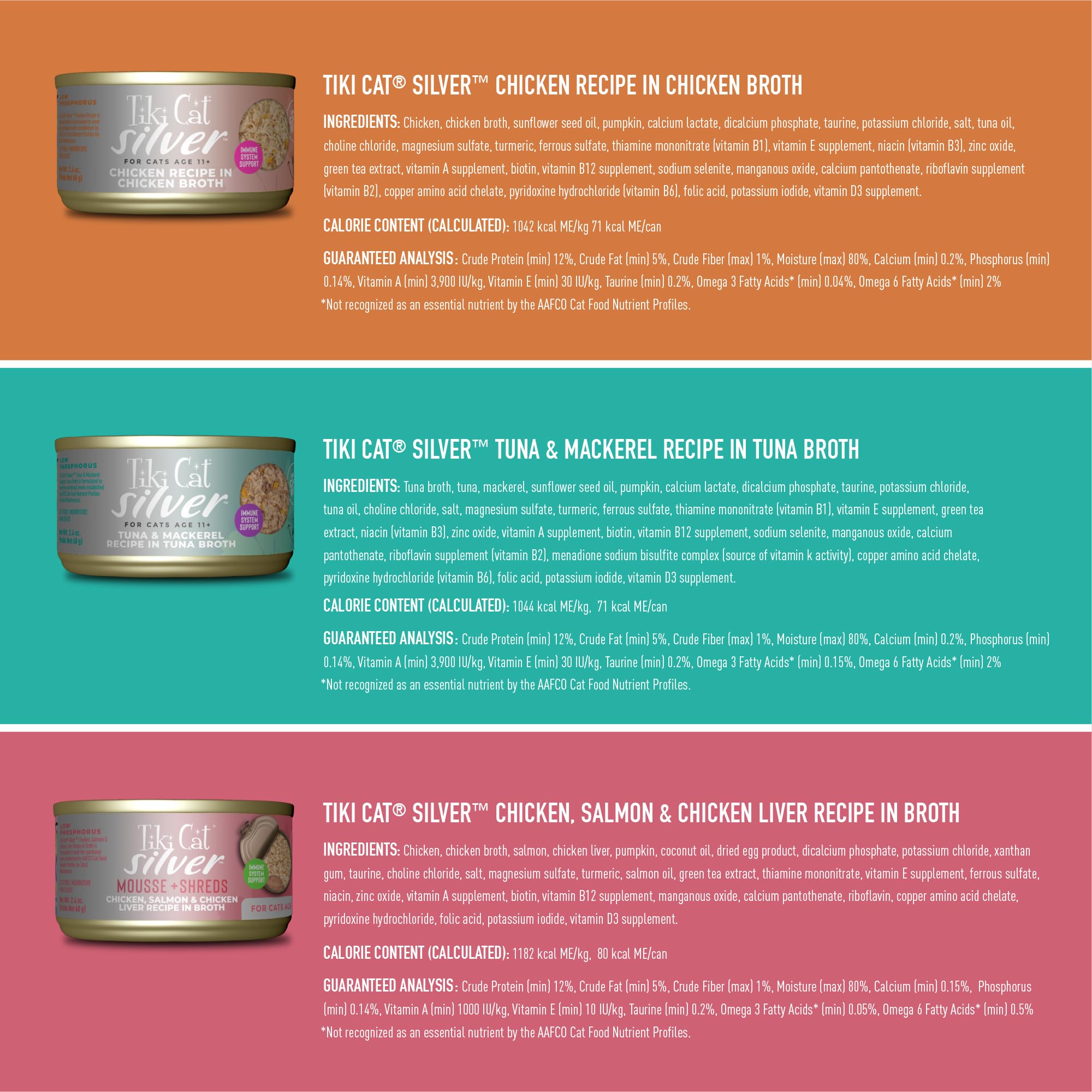 Tiki Cat Silver senior pack tuna flaked for high-protein nutrition.
