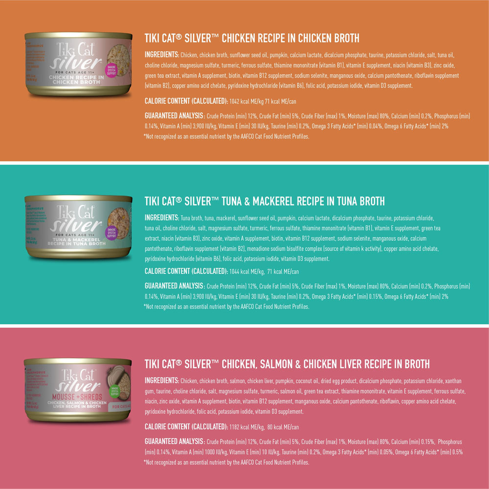 Tiki Cat Silver senior pack tuna flaked for high-protein nutrition.