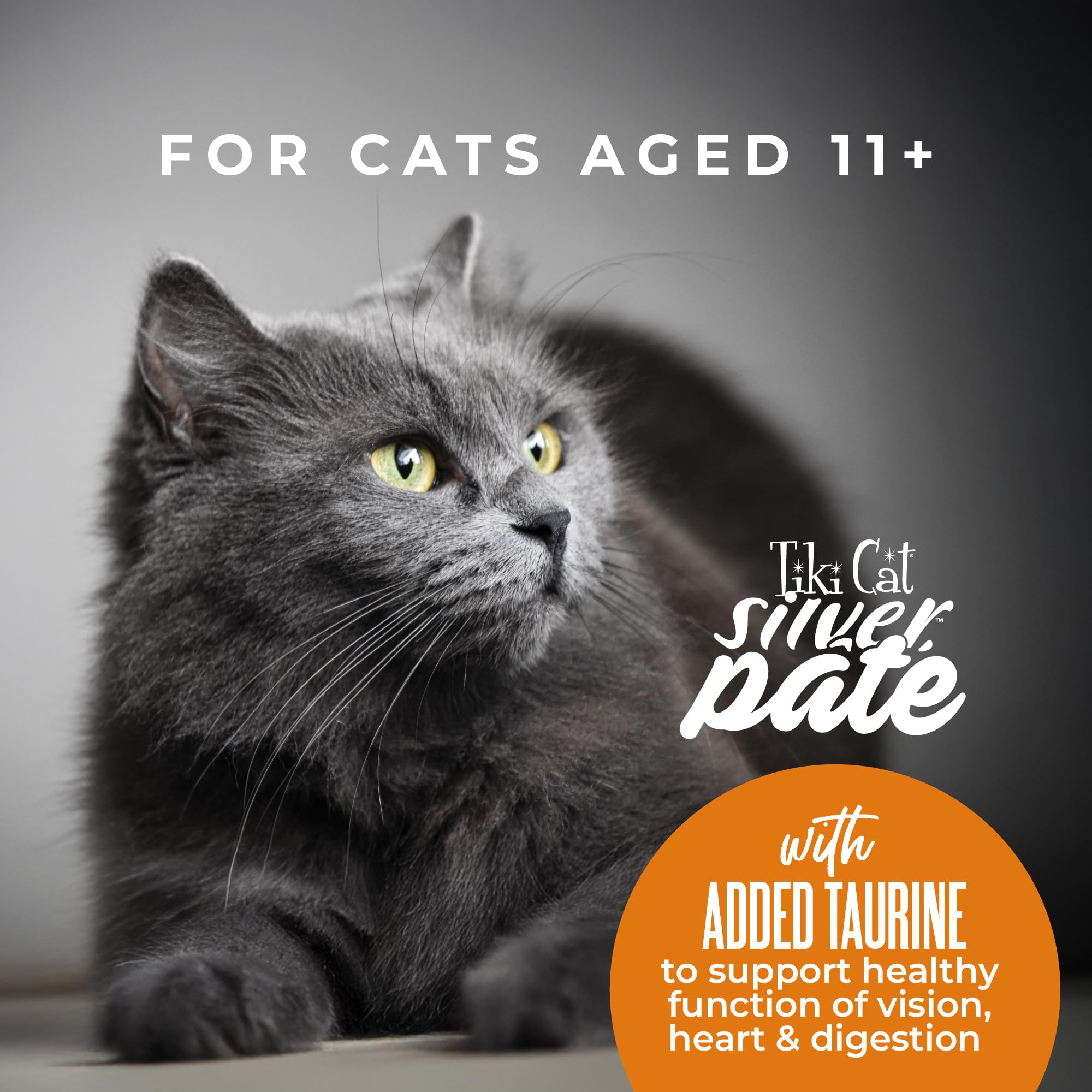 For cats age 11+ label on Tiki Cat Silver Pate packaging.
