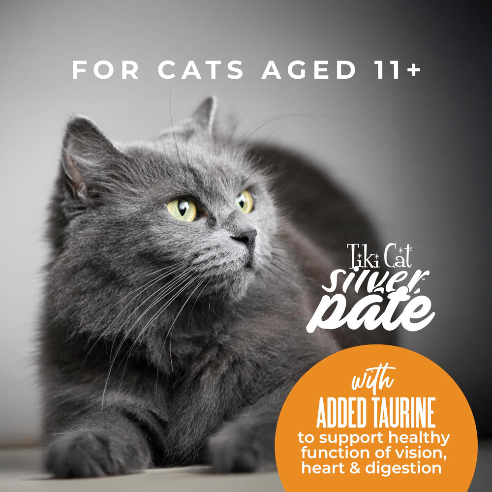 For cats age 11+ label on Tiki Cat Silver Pate packaging.