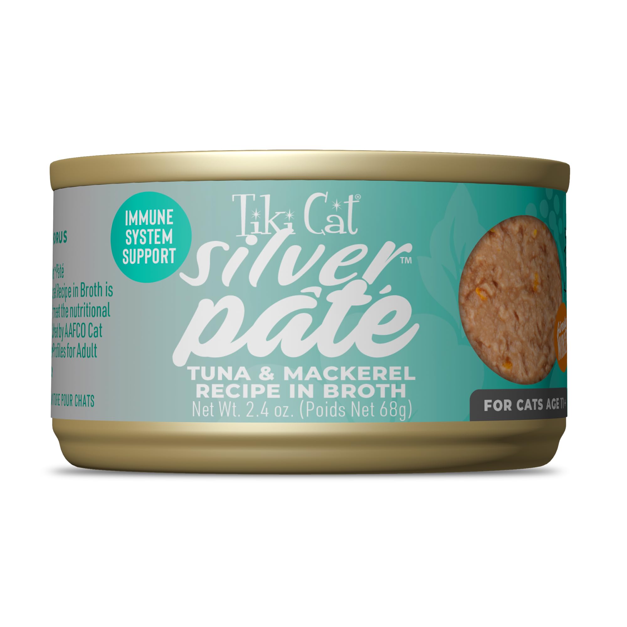 Tiki Cat Silver Tuna & Mackerel Pate in broth, easy-to-eat senior cat meal.