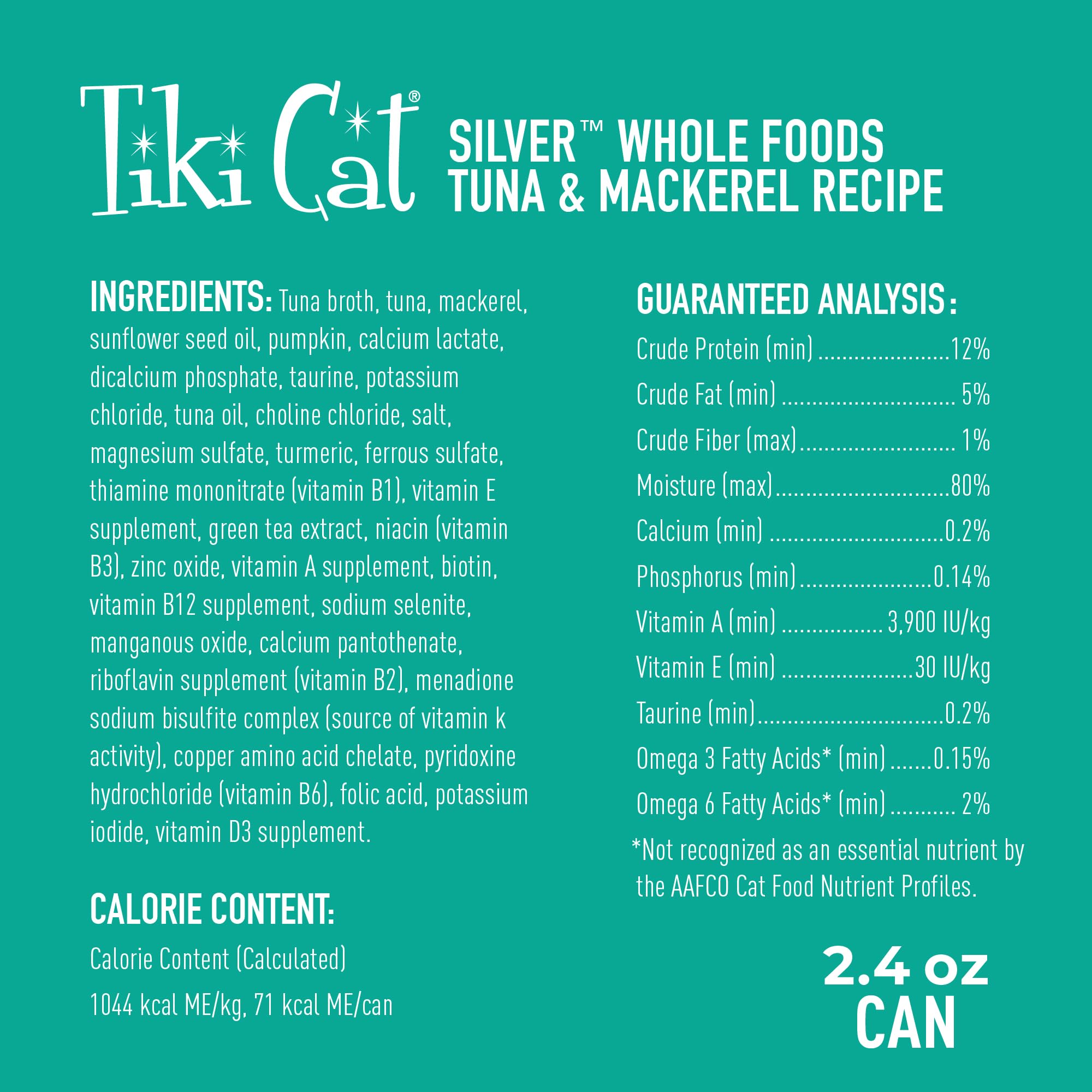 Tiki Cat Silver senior tuna-mackerel can label for quick recognition.
