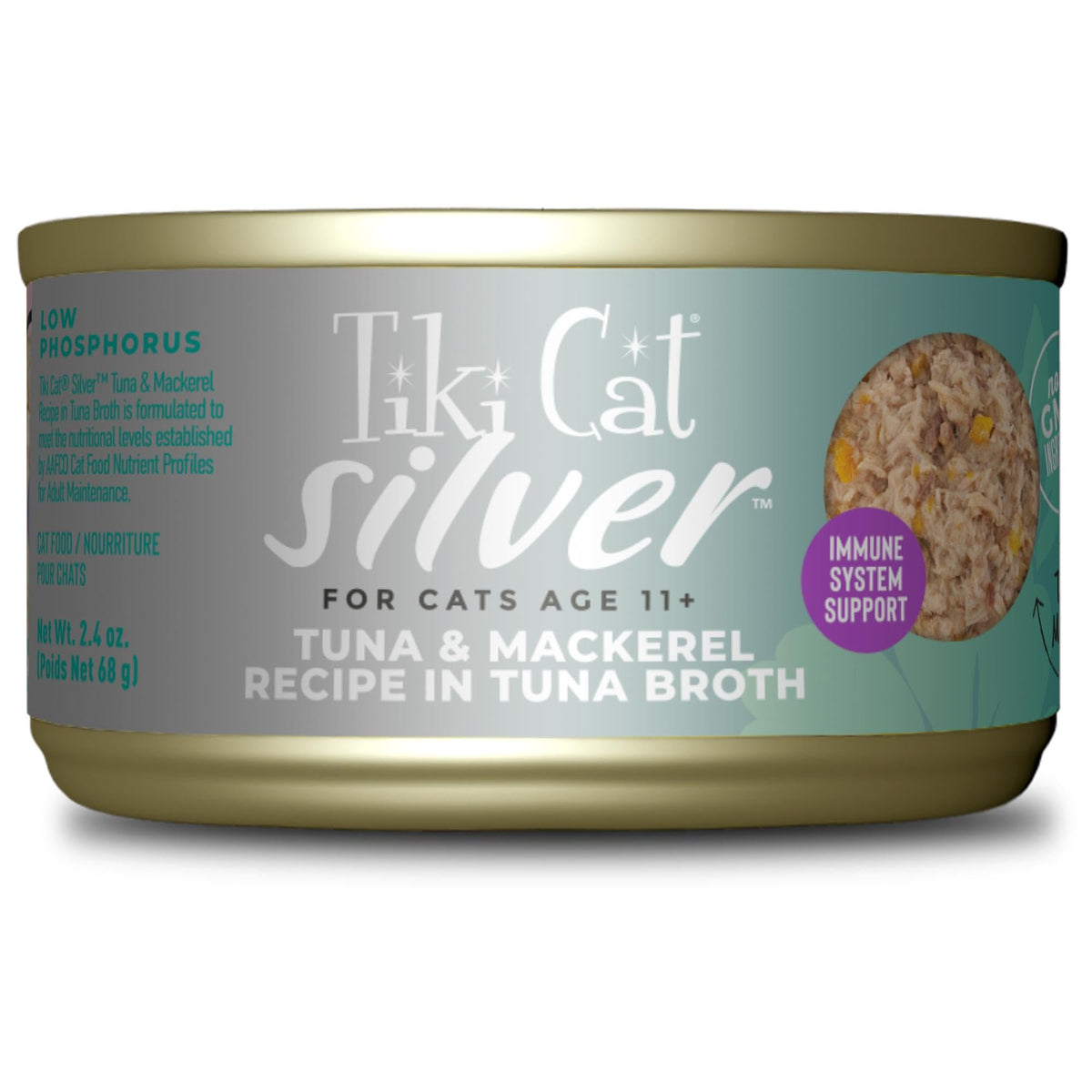 Tiki Cat Silver senior tuna-mackerel soft mousse and shreds for easy chewing.