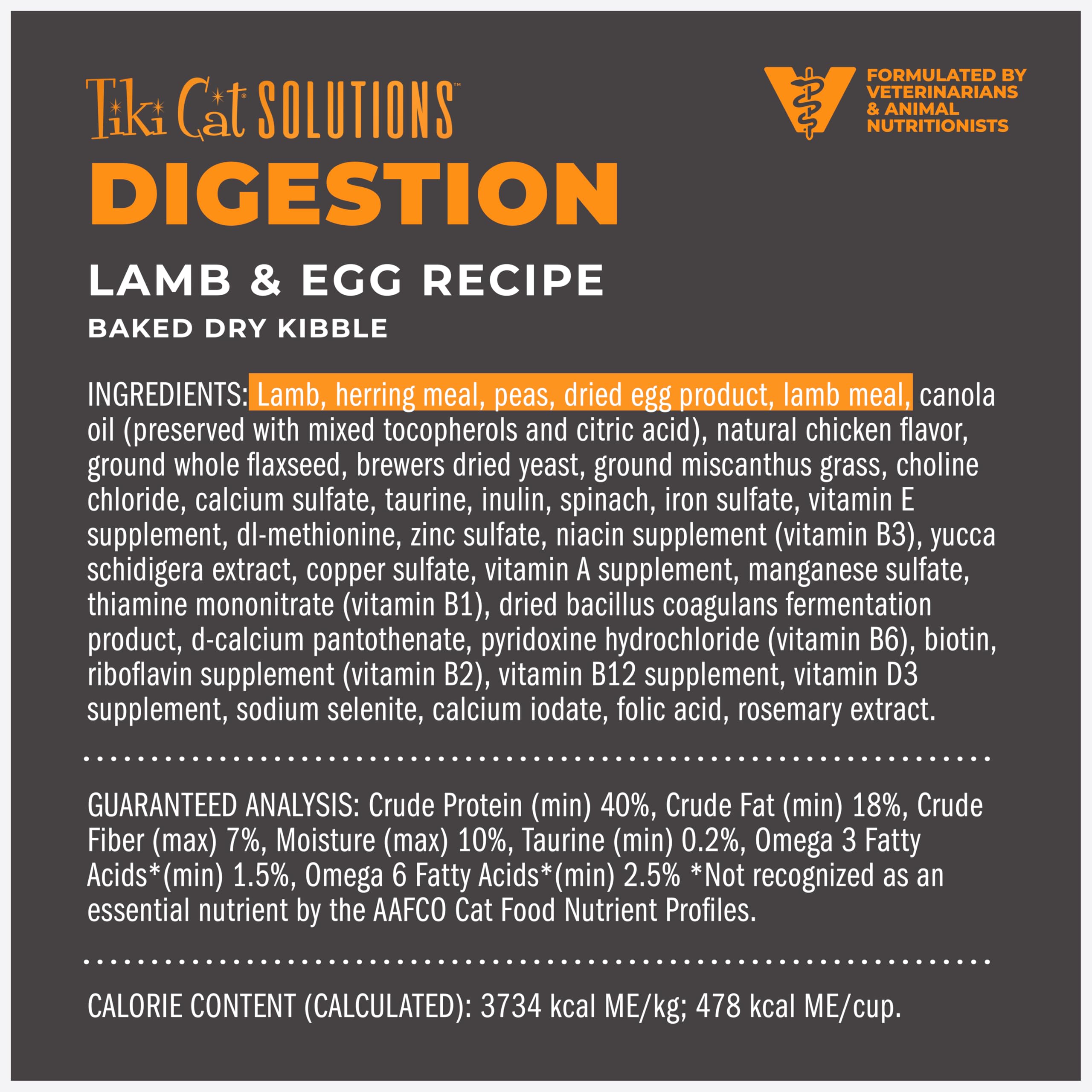 Tiki Cat Solutions Digestion Lamb Egg kibble pour for protein-rich taste and appetite support.