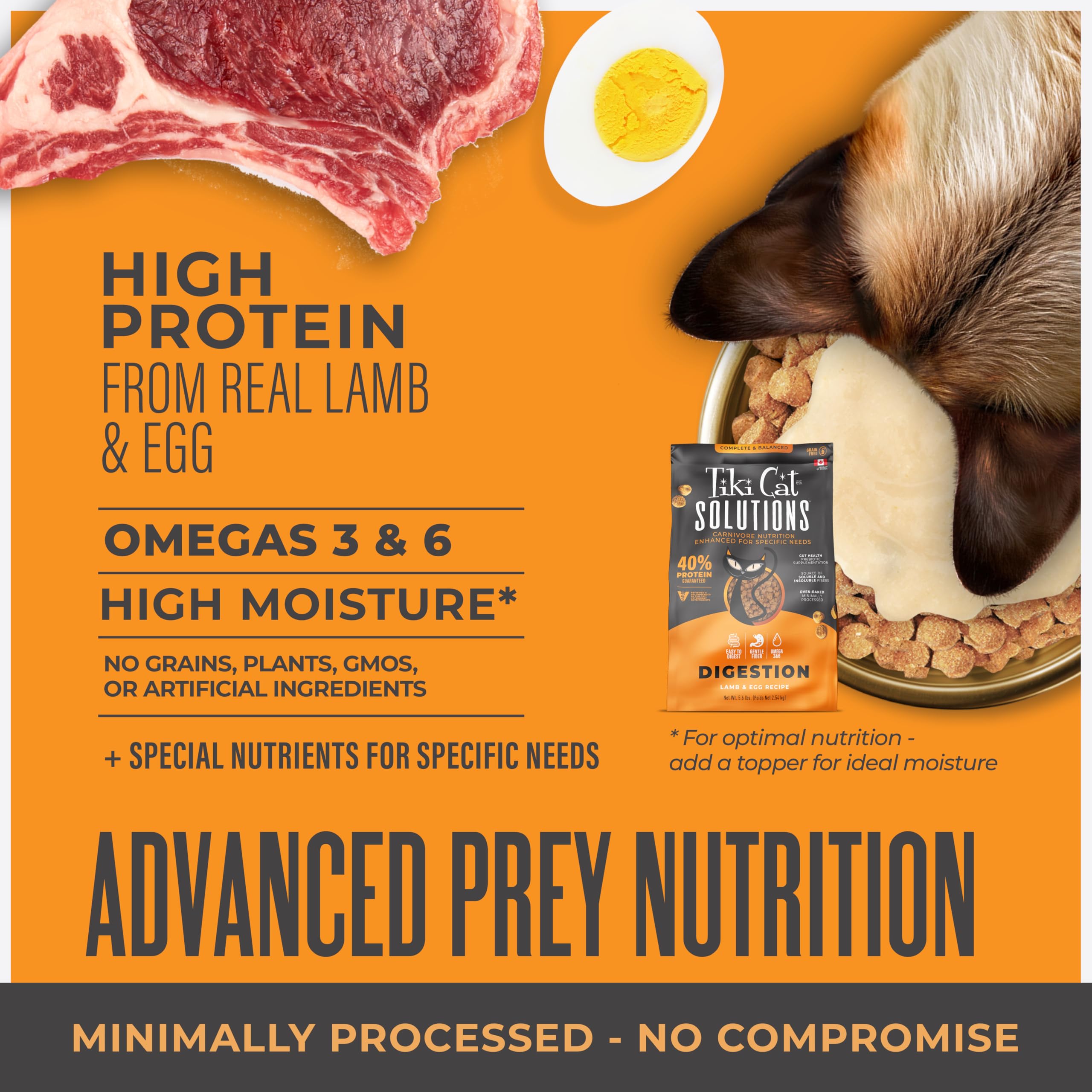 Lamb and egg as primary protein in TIKI CAT Solutions Digestion kibble