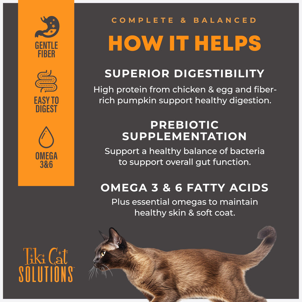 Tiki Cat Solutions Digestion Mousse omega fatty acids nourish skin and coat.