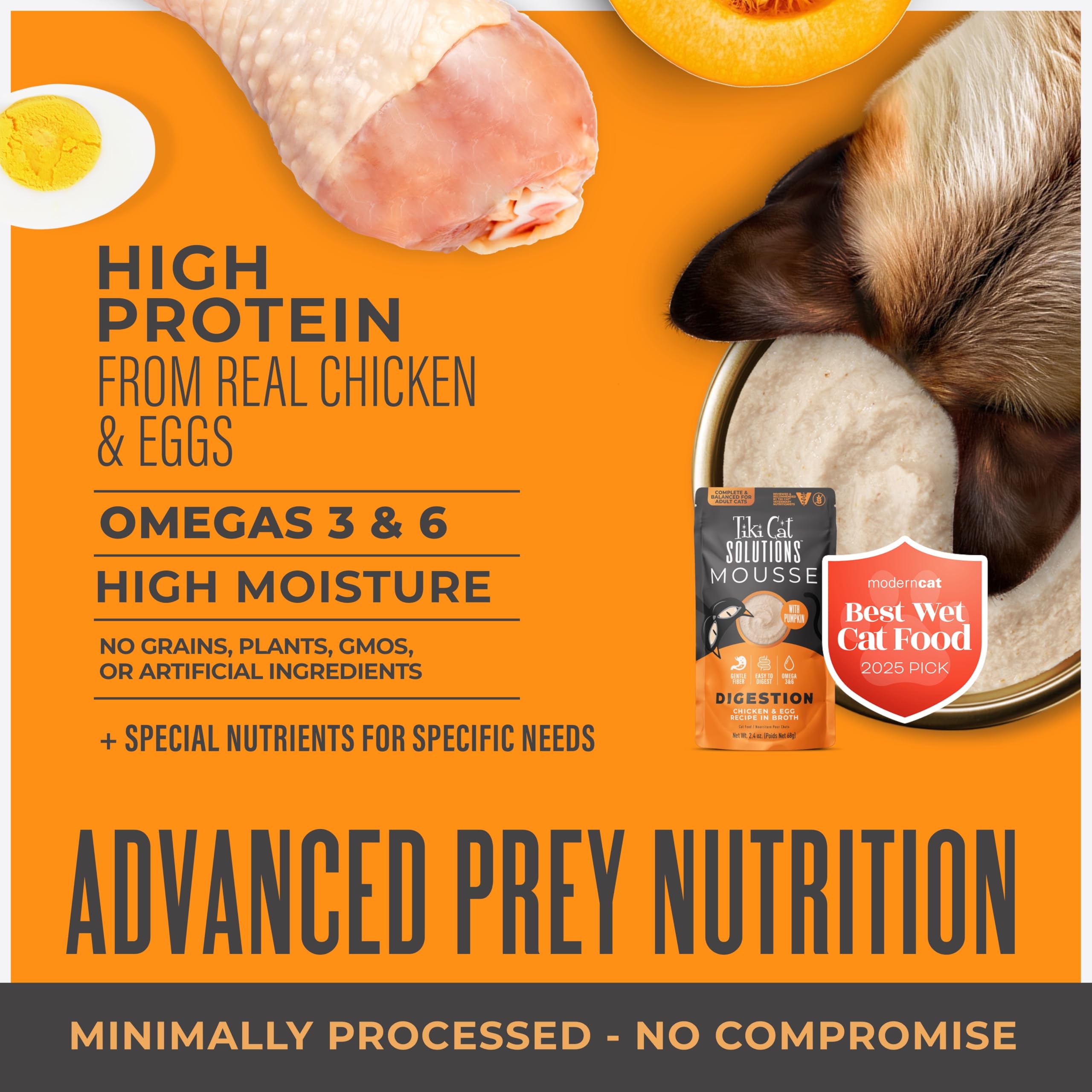 Tiki Cat Solutions Digestion Mousse fiber and prebiotics support gentle digestion.