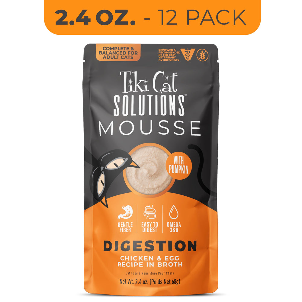 Tiki Cat Solutions Digestion Mousse chicken-egg blend entices with real protein.
