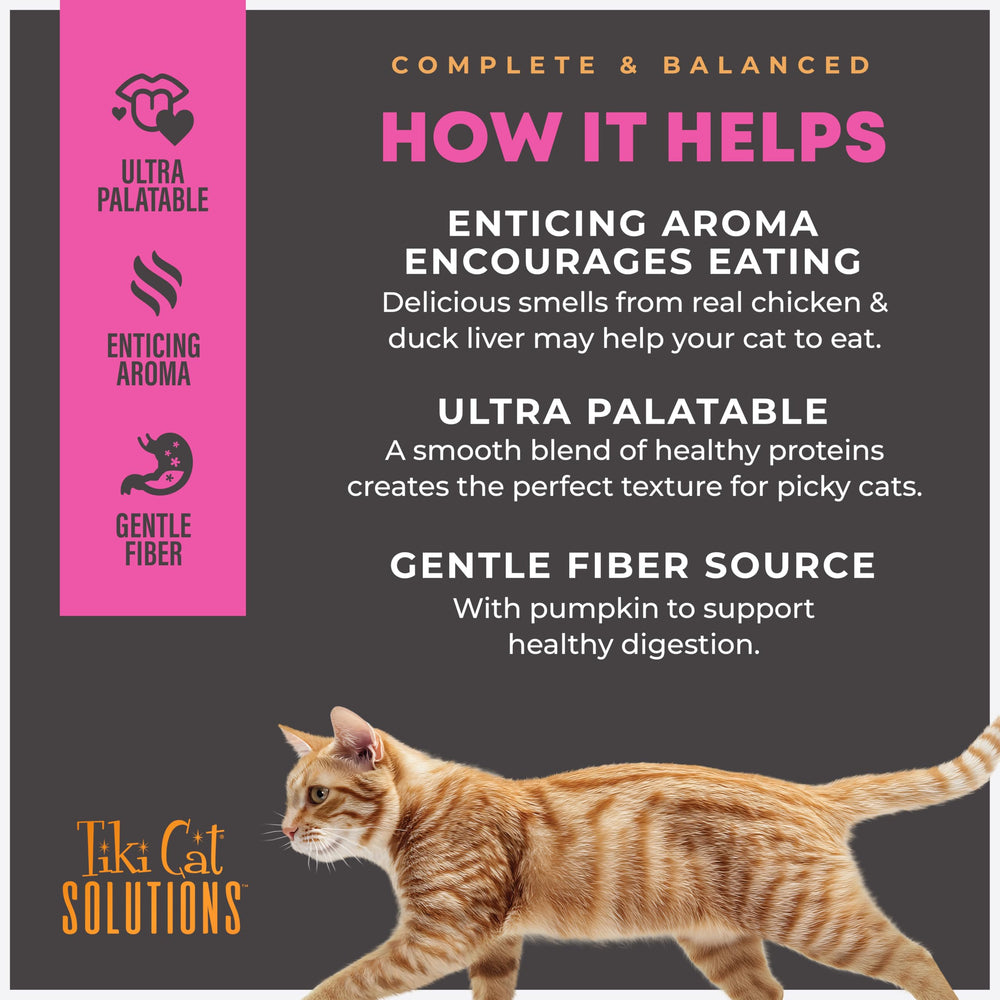 Pouch packaging display of 2.4 oz portions for Tiki Cat Solutions Fussy.