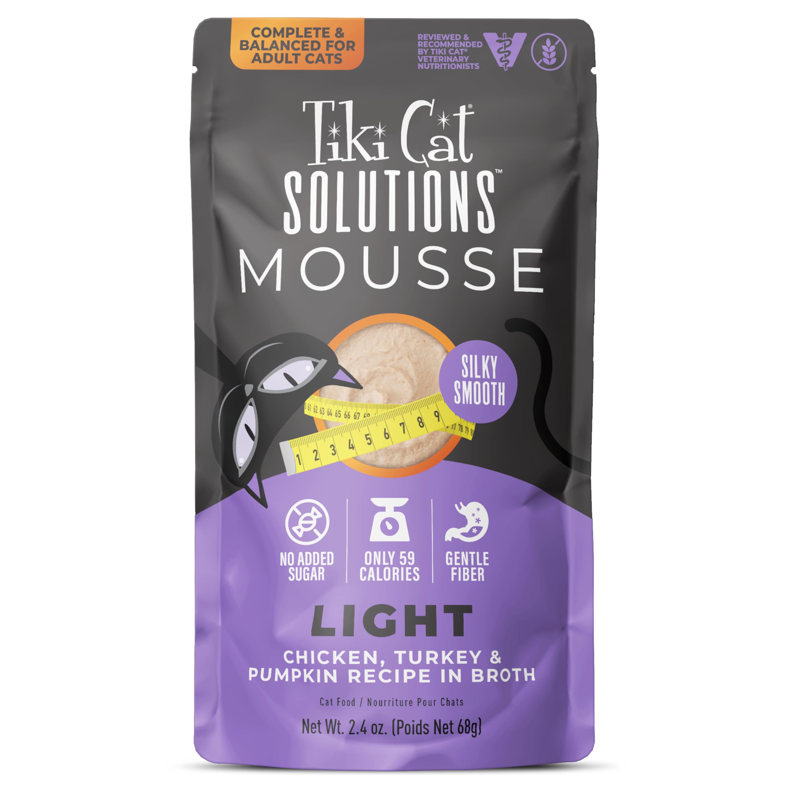 Tiki Cat Solutions Light Mousse packaging highlights non-GMO ingredients for mindful feeding.