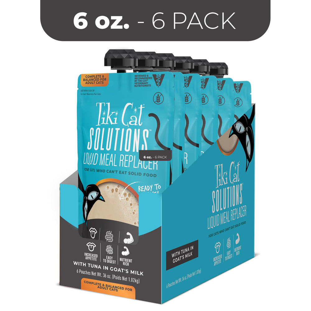 Tiki Cat Solutions tuna in goat's milk pouch — high-protein liquid nourishment for cats